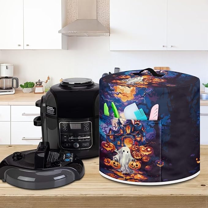 Halloween Theme Kitchen Appliance Decor 6 Quart Pressure Cooker/Air Fryer/Rick Cooker Dust Cover with Top Handle and Storage Pocket Halloween Castle Ghost Print