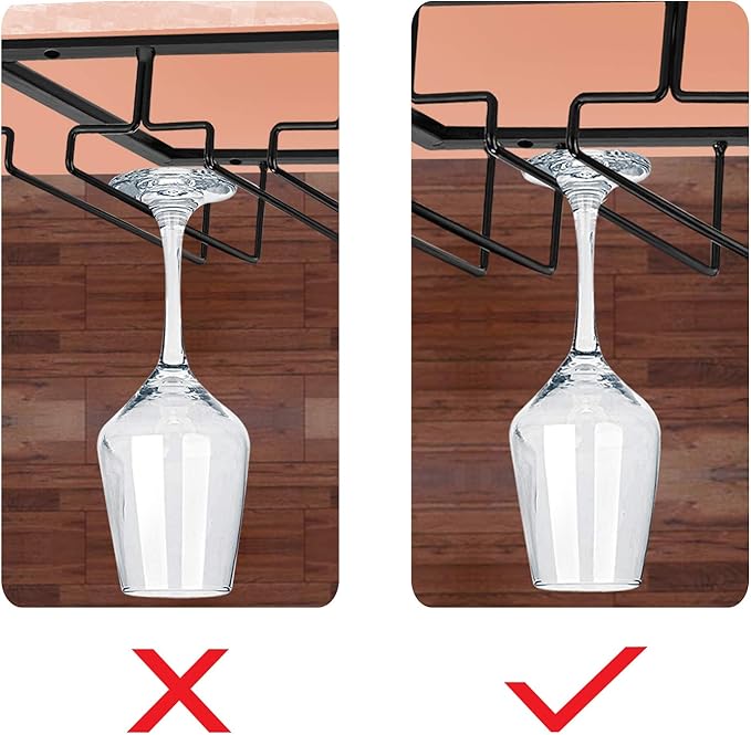 MOCOUM Wine Glasses Rack Under Cabinet Stemware Rack, Wine Glass Hanger Rack Wire Wine Glass Holder Storage Hanger for Cabinet Kitchen Bar (Black, 3 Rows 2 Pack)