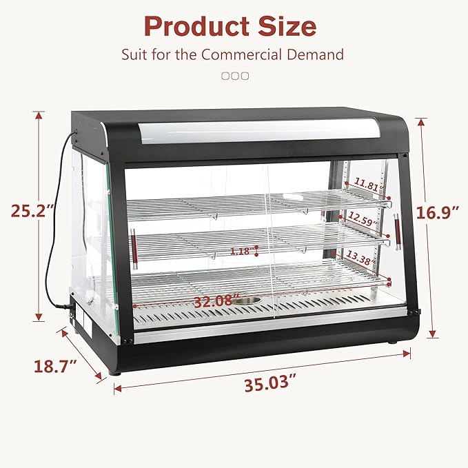 Countertop Food Warmer,Three Tier Commercial Warmers for Food Display, Glass case, with LED Lighting Removable Shelves Pastry for Buffet Restaurant L35'' x W19'' x H25''