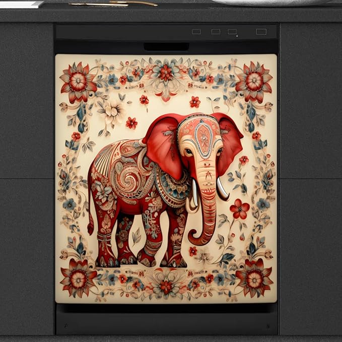 Elephant Flower Paisley Dishwasher Magnet Cover, Reusable Refrigerator Panel Stickers Microwave Front Door Covers Magnets for Kitchen Home Appliances Holiday Party Decorations 23 X 26 in
