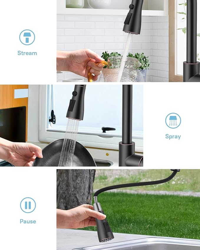 WEWE Kitchen Faucet with Pull Down Sprayer and Soap Dispenser, Stainless Steel Kitchen Sink Faucets, 3-Mode High Arc Single Handle Faucet for RV Farmhouse, Oil Rubbed Bronze