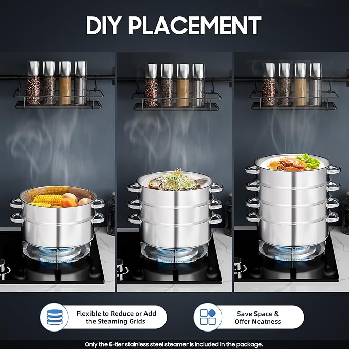 Stainless Steel Steamer Pot, 11-Inch Steamer for Cooking, 5-Tier Food Steam Pots with Lid for Cooking Vegetables, Seafood, Soups, Stews, Dumplings and Pasta