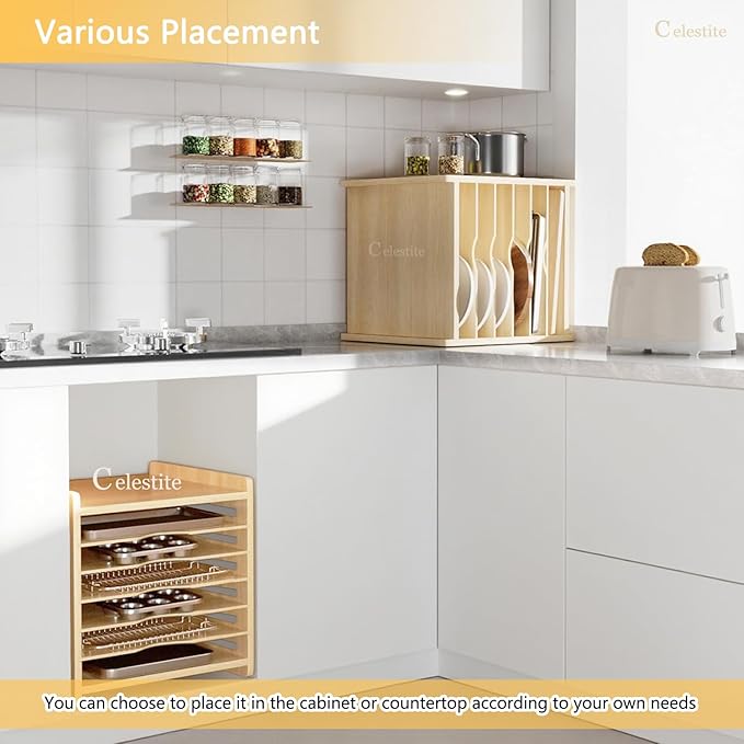 celestite Wooden Tray Dividers for Cabinets, Cookie Sheet Organizer for Cabinet, Baking Sheet Pan Organizer for Kitchen Organizers and Storage (7 Tier 20" Wx16.7 Hx15.2 D)