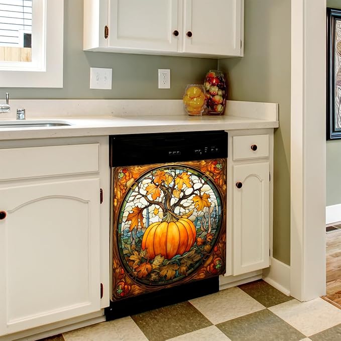 Dishwasher Magnet Cover Front Dishwasher Cover Fall Gold Glass Pumpkin Decor Reusable Magnetic Door Cover Panel Decal Home Appliances Stickers Kitchen Refrigerator Fridge 23"x26"