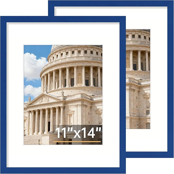 Vittanly 11x14 Picture Frame Set of 2, Solid Wood Frame for Wall Art Photo and Prints, Display Photo 8x10 with Mat or 11x14 without Mat, Royal Blue