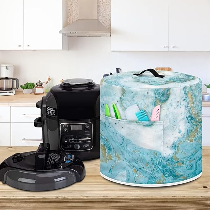 Dust Cover for Kitchen Accessories, for 8 Quart Pressure Cooker Air Fryer Rice Cooker Kitchen Appliance Dust Covers with Storage Pockets Dust-proof Washable, Sky Blue Marble