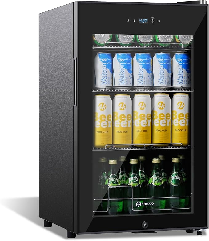 17 Inch Black Beverage Refrigerator Cooler, 96 Cans Mini Fridge with Glass Door&Lock, Beer Fridge for Soda Water or Wine, Drink Refrigerator for Home Office Bar Bedroom