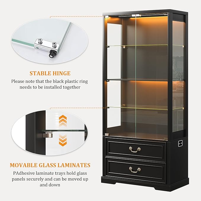 Glass Display Cabinet with Door, 4-Tier Curio Cabinet with 2 Drawers and Adjustable Glass Height Showcase, Display Case with 3 LED Light and Human Body Sensor, Black