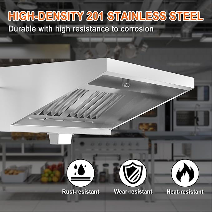 Commercial Exhaust Hood 5 FT Stainless Steel Concession Trailer Hood with 3 Removable Hood Filters(No Motor), Grease Cup and Hood Light, Rust Resistant Vent Hood for Commercial Kitchen, NSF Listed