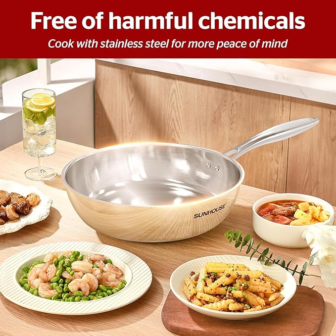 Sunhouse 8 Inch Tri-Ply Stainless Steel Frying Pan, Whole-Clad No Coatings Skillet with Stay-cool Handle for Cooking, Durable & Oven Safe to 500°F, Dishwasher Safe, Compatible with All Cooktops