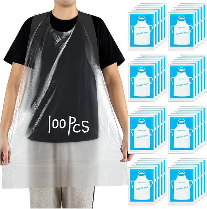 100Pcs Disposable Aprons for Adults, Plastic Aprons for Cooking, Waterproof Apron for Adults Painting Housework Picnic Party Etc