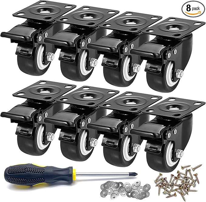 Heavy Duty Locking Caster Wheels with Brake, Non-Marking Swivel Casters Set for Cart & Furniture, 2 Inch Set of 8 / Black