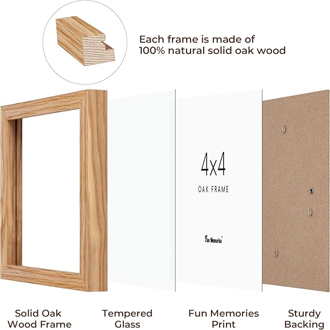 Fun Memories 4x4 Picture Frame, Solid White Oak Wood Frame 4 by 4, 4 x 4 Square Photo Frame with Tempered Real Glass, Rustic Wooden Frame 4"x4" for Wall & Tabletop Display, Natural Color, Set of 2