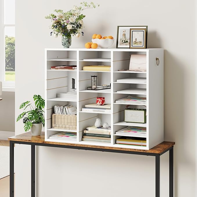 HOOBRO Literature Organizer, 27 Compartments Wooden Mail Organizer, Countertop Literature Sorter with Adjustable Shelves for Home, Office, School, Student Mailbox for Classroom, White WT27WF01