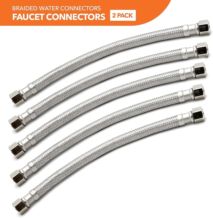 Stainless Steel Braided Water Connectors with Reinforced PVC Inner Hose for Faucets, 3/8" Compression x 3/8" Compression, 20" Length (5Pack)