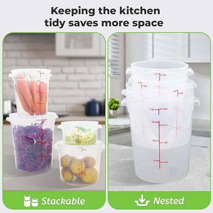 4 Pack Round Food Storage Containers with Lids, 22Qt Large Translucent Food Container, Polypropylene, BPA Free, Includes Labels & Measuring Cups