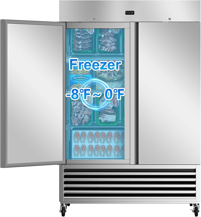 54" W Commercial Freezer, 46 Cu.ft Stainless Steel Reach-in Upright Freezer with 2 Solid Doors and 6 Adjustable Shelves for Restaurant, Commercial Kitchen, ETL Approved