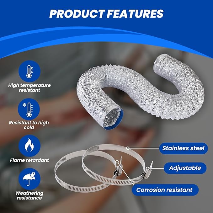 Dryer Vent Hose 4 Inch x 25FT - Flexible Aluminum Dryer Hose with 2 Clamps - Heavy-Duty 6-Layer Dryer Vent Hose for Tight Spaces, HVAC, Bathroom, and Kitchen Exhaust Ventilation