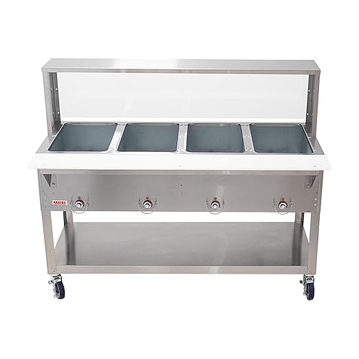Kratos Commercial Electric Steam Table/Hot Food Table with Overshelf and Sneeze Guard, 4 Wells, Stainless Steel, Stationary, NSF, 240V (28W-204)