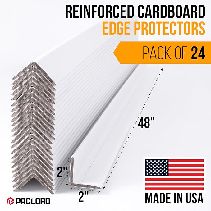 48" x 2" x 2" Reinforced Cardboard Edge Protectors, White (Pack of 24) – 0.225" Thick Extra Heavy-Duty Cardboard Corner Protectors – American Quality V-Board Pallet Edge Protectors