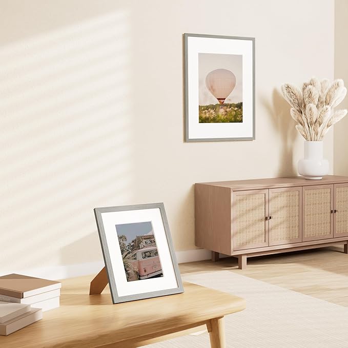 Vittanly 8x10 Picture Frame Set of 2, Solid Wood Frame for Wall or Tabletop, Display Photo 5x7 with Mat or 8x10 without Mat, Grey
