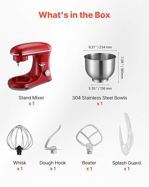 VEVOR Stand Mixer, 6 QT Electric Kitchen Mixer, 660W Dough-Mixer, 6 + Pulse Speeds Tilt-head Food-Mixer with Stainless Steel Bowl, Dough Hook, Whisk, Beater, for Baking, Mixing, Whipping & Kneading