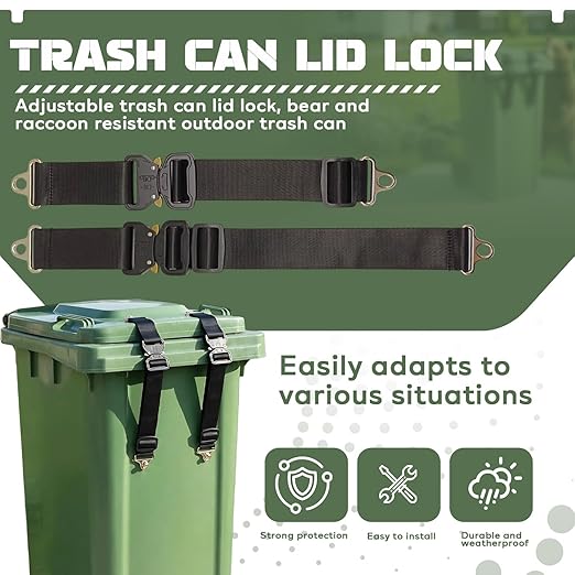 2 Pcs Bear Proof Trash Can Locks, Heavy - Duty Trash Bin Lock, Trash Can Locks for Animals, Trash Can Lid Lock, Secure Lid Lock for Outdoor Indoor Trash Cans to Keep Raccoons Bears Strays Out