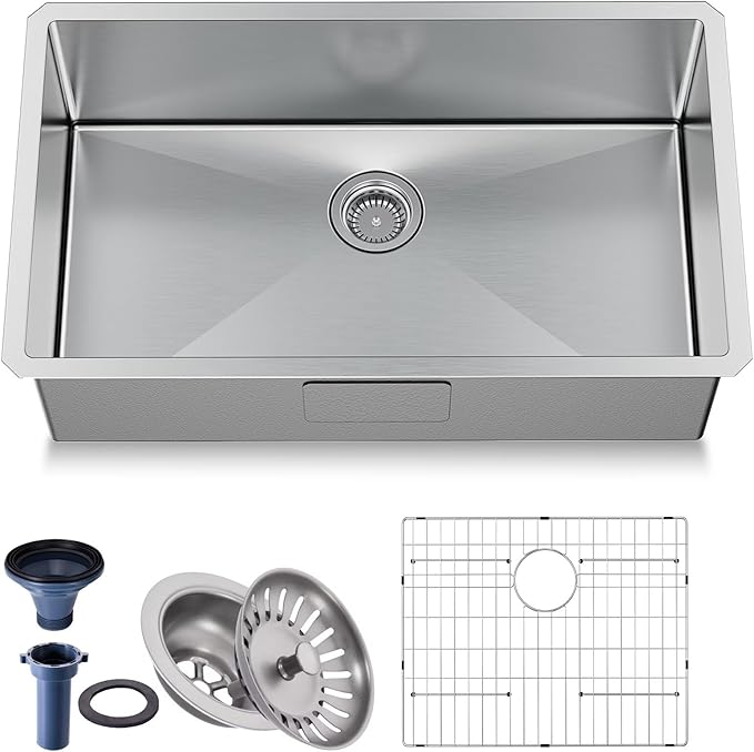 32 inch Undermount Handmade 18 Gauge Single Bowl Stainless Steel Kitchen Sink with Accessories