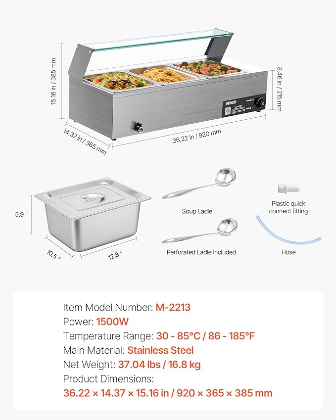 VEVOR Commercial Food Warmer, 1500W Electric Stainless Steel Steam Food Warmer with Glass Cover, 3-Pan Countertop Buffet Bain Marie with Soup & Perforated Ladles, for Catering, Restaurant & Party