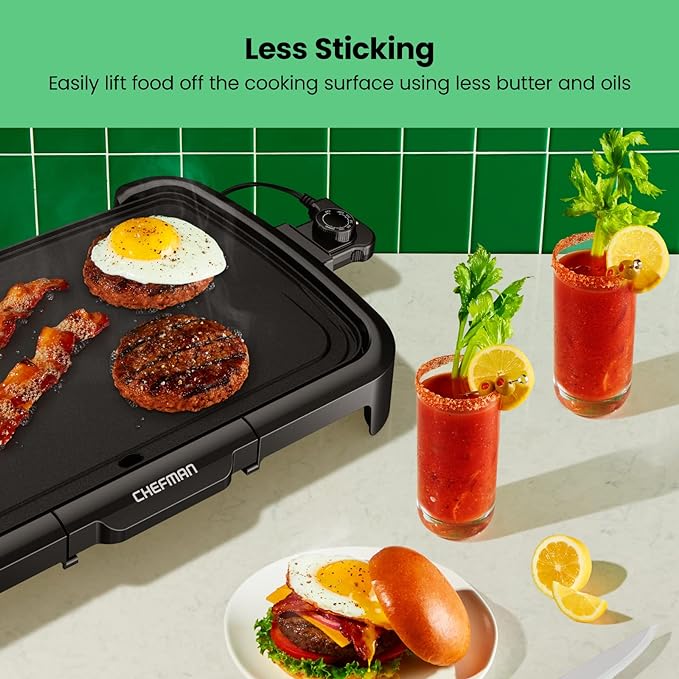 Chefman XL Electric Griddle with Removable Temperature Control, Immersible Flat Top Grill, Burger, Eggs, Pancake Griddle, Nonstick Extra Large Cooking Surface, Slide Out Drip Tray, 10 x 20 Inch