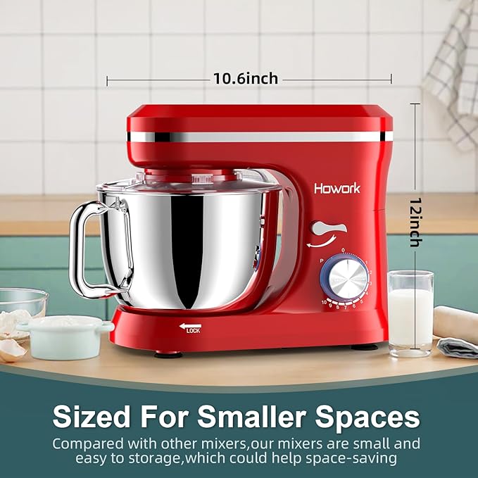 HOWORK Electric Stand Mixer,10+p Speeds Kitchen Mixer With 6.5QT Stainless Steel Bowl,Dough Hook, Wire Whip & Beater,for Most Home Cooks (Red)
