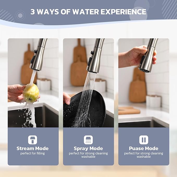 WEWE Kitchen Sink Faucet with Soap Dispenser, Lead-Free Kitchen Faucet with Pull Down Sprayer 3 Modes Stainless Steel Single Handle Single Hole Pull Out Brushed Nickel Faucet for Bar Laundry RV Sink