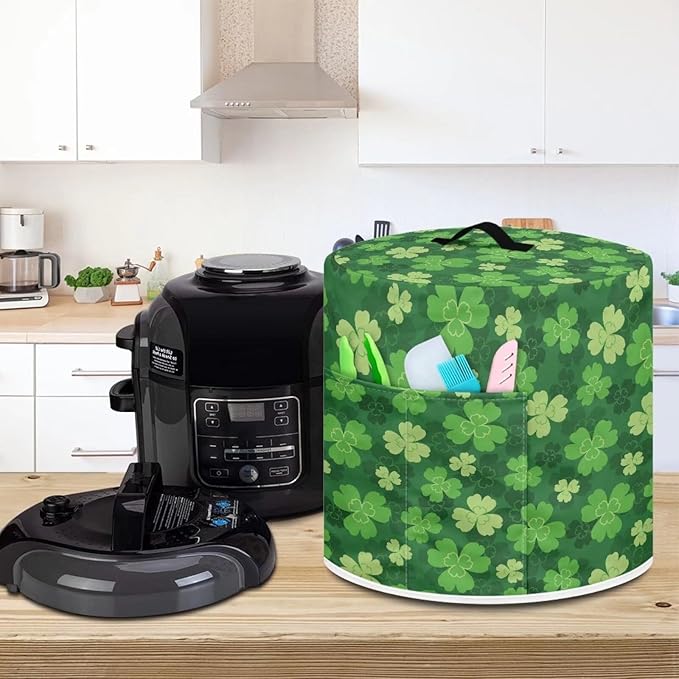 Four Leaf Clover Shamrock Print Dust Cover for 6 Quart Instant Pot, St. Patrick's Day Dust Proof Pressure Cooker Cover Electric Appliance Cover Air Fryer Accessories with Pocket and Handle
