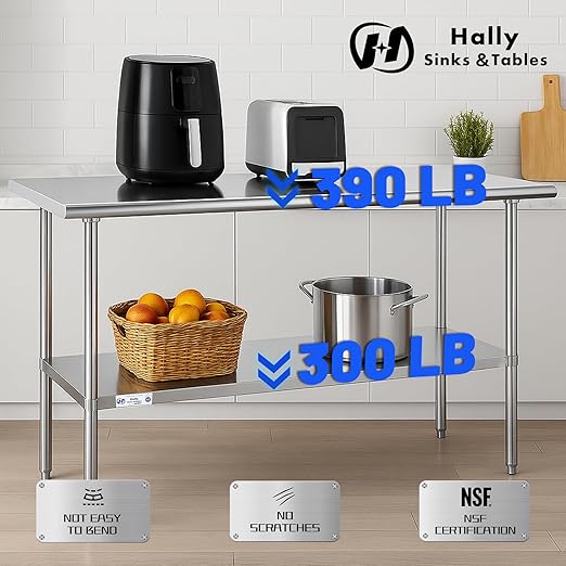 Hally Stainless Steel Table for Prep & Work 18 x 48 Inches, NSF Commercial Heavy Duty Table with Undershelf and Galvanized Legs for Restaurant, Home and Hotel
