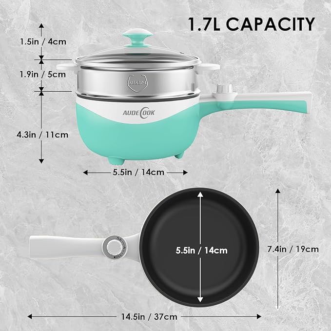 Audecook Hot Pot Electric, 1.7L Mini Electric Skillet Portable Nonstick Sauté Pan with Power Adjustment, Ramen Cooker Travel Multicooker for Steak/Soup/Egg/Oatmeal/Noodles (Tongs for Cooking Included)