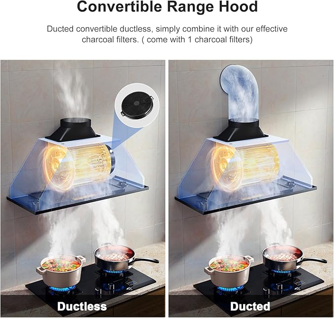 HisoHu Insert Range Hood 30 Inch / 36 Inch, 900 CFM with Ducted Convertible Ductless(Kit Included), Stainless Stee Kitchen Vent Hood with 4 Speed Exhaust(30'', Black)