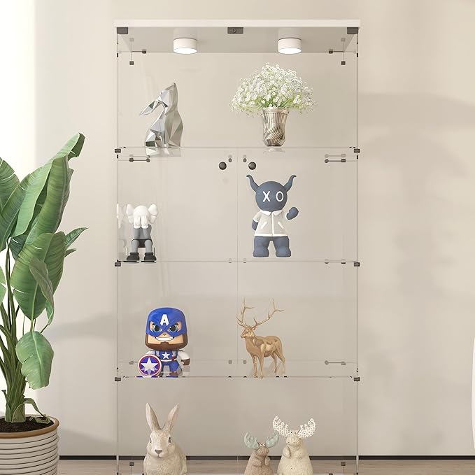 Frameless Glass Display Cabinet, Curio Cabinet Display Case with Lock and 2 Doors, Quick-Install Floor Standing Large Showcase Display Shelf for Collectibles, Legos, Figures, Plants