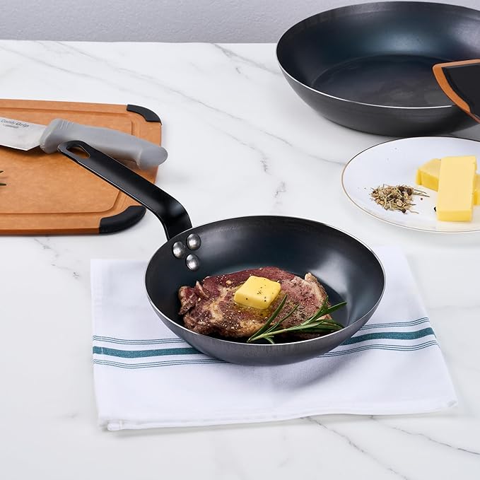 Restaurantware-Met Lux 8 Inch Fry Pan, 1 Lightweight Frying Pan - Induction-Ready, Triple-Riveted, Black Carbon Steel Cooking Skillet, Durable, For Searing, Sauteing, And Browning Food
