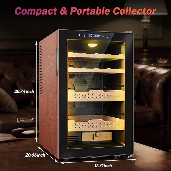 Electric Humidor with Leather-70L Cooling & Heating Humidor Cabinet, Smart Touch Control Humidity & Temp, Humidors wtih Spanish Cedar Wood Tray Digital Display, Safety Lock, Desktop Gift for Men