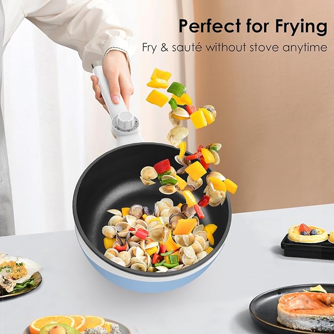 Audecook Hot Pot Electric, 1.7L Mini Electric Skillet Portable Nonstick Sauté Pan with Power Adjustment, Ramen Cooker Travel Multicooker for Steak/Soup/Egg/Oatmeal/Noodles (Tongs for Cooking Included)