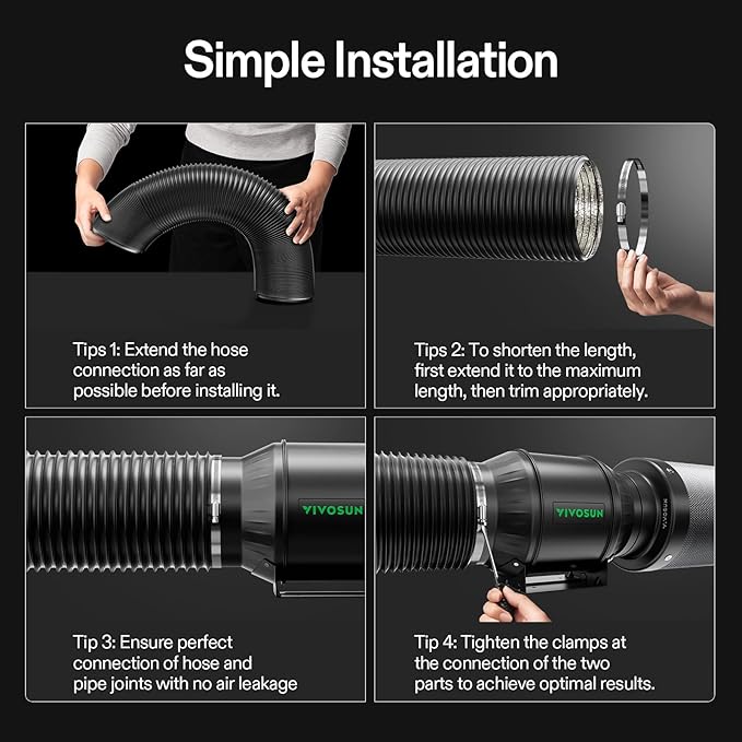 VIVOSUN Dryer Vent Hose, 4 inch Aluminum Foil Ducting, 8FT Long Heavy-Duty Dryer Hose Vent Kit for HVAC Ventilation, Exhaust, Duct Fan Systems, Black Flexible Air Duct w/ 2 Clamps
