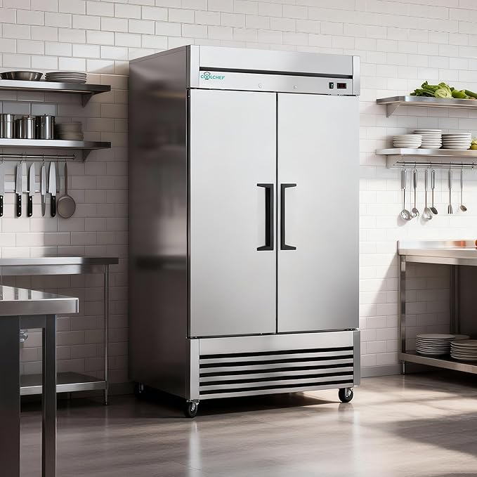 54"Commercial Freezer, 49 Cu.Ft Double Door Stainless Steel Reach-In Freezer, -8~0℉, Air Cooling, 6 Shelves, R290, ETL