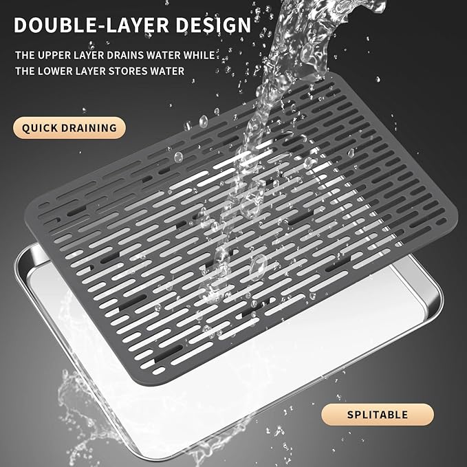 Stainless Steel Drain Tray, Cup & Dish Drying Rack, Drain Board 2 Tier Non Slip Serving Tray with Drainboard Perfect for Sink, Coffee Table, Outdoor (12.5 x 9.8 x 0.98 in)