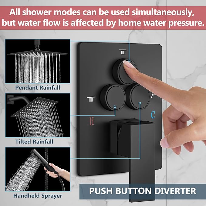 Aolemi Shower Faucet Set Ceiling Mount Shower System Rough-in Valve and Shower Trim Kit 2 in 1 Handheld Spray Push Button Diverter 12 and 6 Inch Dual Shower Head Matte Black