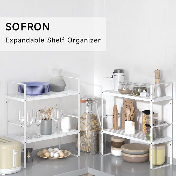 Expandable Cabinet Storage Shelf Stackable Organizer Rack for Kitchen Bathroom Pantry Spice Cupboard Coffee Countertop Home Office Desk Heavy Duty Nonslip White Small 3 Packs