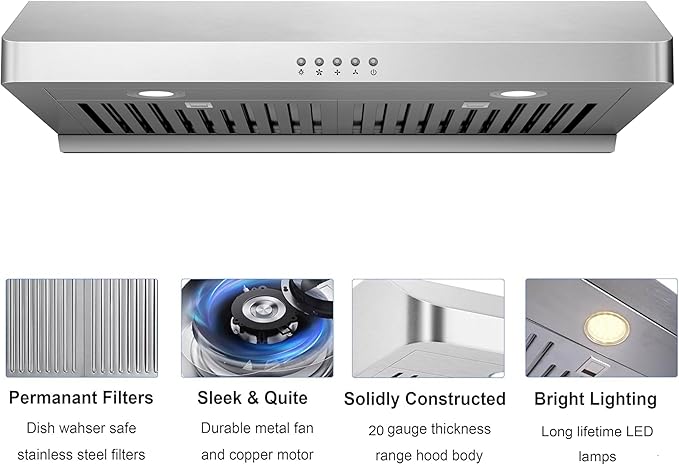 Range Hood 30inch Under Cabinet, 900CFM Kitchen Vent Hood with Permanent Stainless Steel Filters