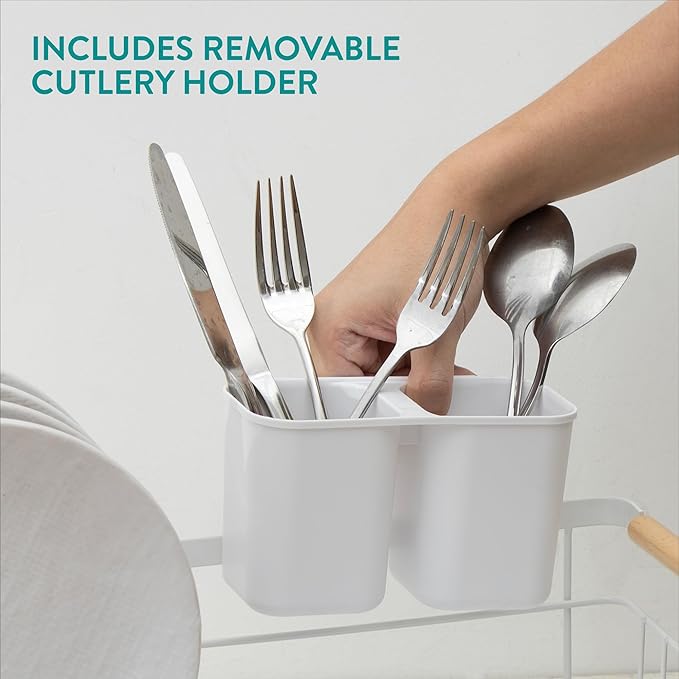 Navaris Expandable Dish Rack - Adjustable Draining Board for Drying Dishes - Removable Plates and Cutlery Holder - Kitchen Sink Washing Up Drainer with Plug and Drip Tray - White