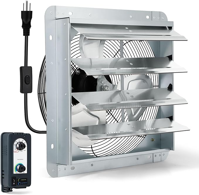 18 Inch Shutter Exhaust Fan with Thermostat and Speed Controller, 1736 CFM Powerful Wall Mounted Vent Fan for Attic, Greenhouse, Shed, Garage, Chicken Coop Ventilation, 2600 SQF Coverage Area