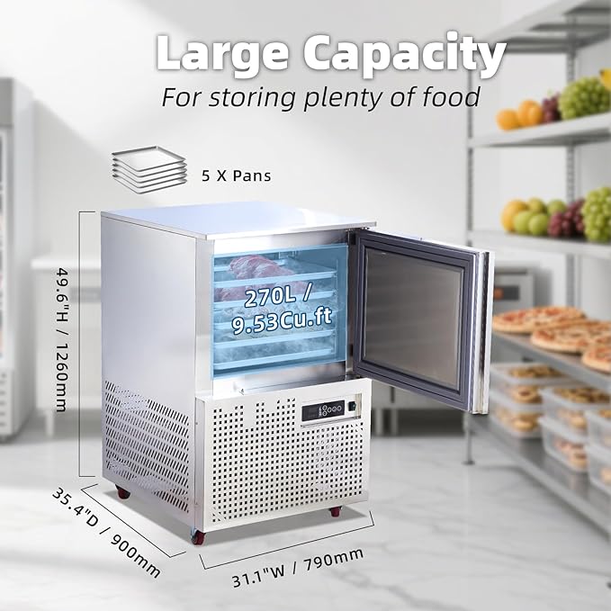Commercial Blast Chiller 5 Trays, Shock Freezing Blast Chiller & Freezer Heavy Duty, Flash Freezer for Ice Cream, Seafood, Desserts, Meat-Lowest Temperature -40°C