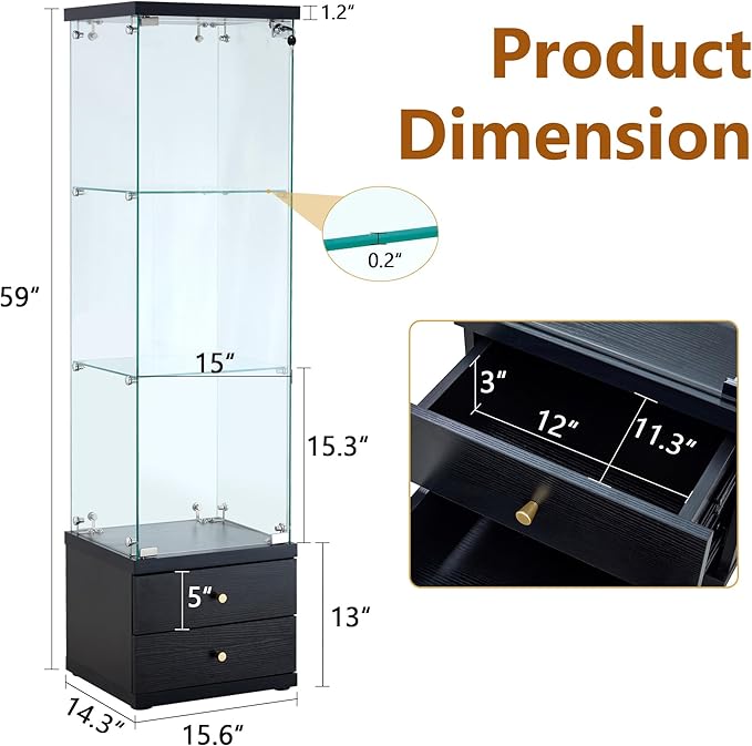 Yoluckea 3 Shelves Glass Display Cabinet with 2 Soft-Close Storage Drawers, Curio Collection Glass Display Case with Door & Lock, Floor Standing Bookshelf Corner Cabinet for Book Toys Glory (Black)